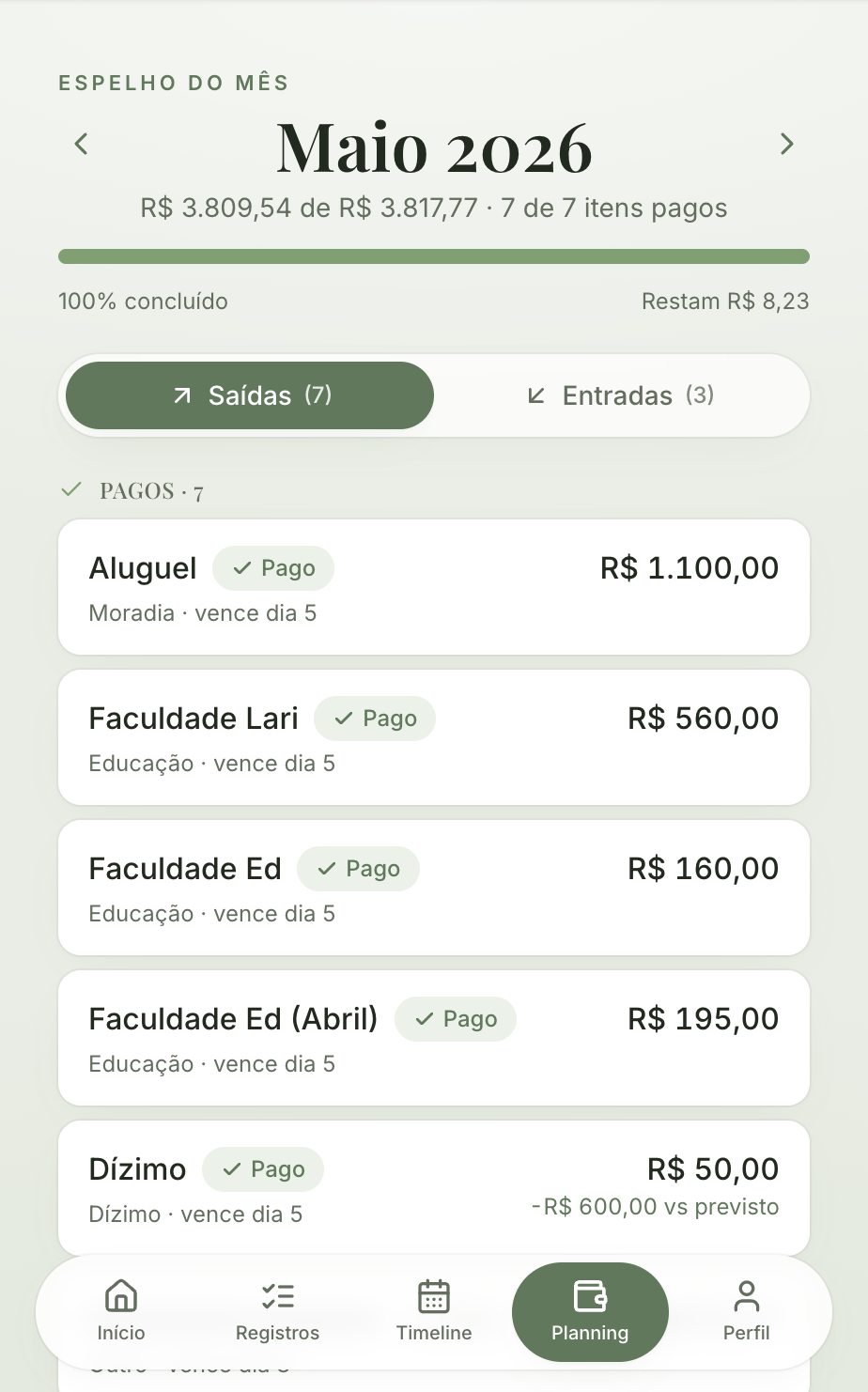 Planning do mês